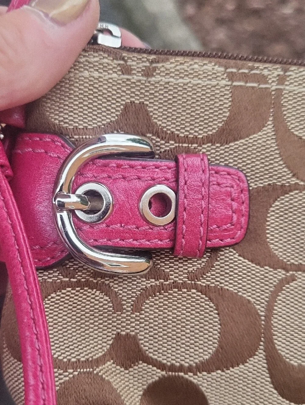 Coach Signature Canvas Wristlet in Brown with Pink Trim